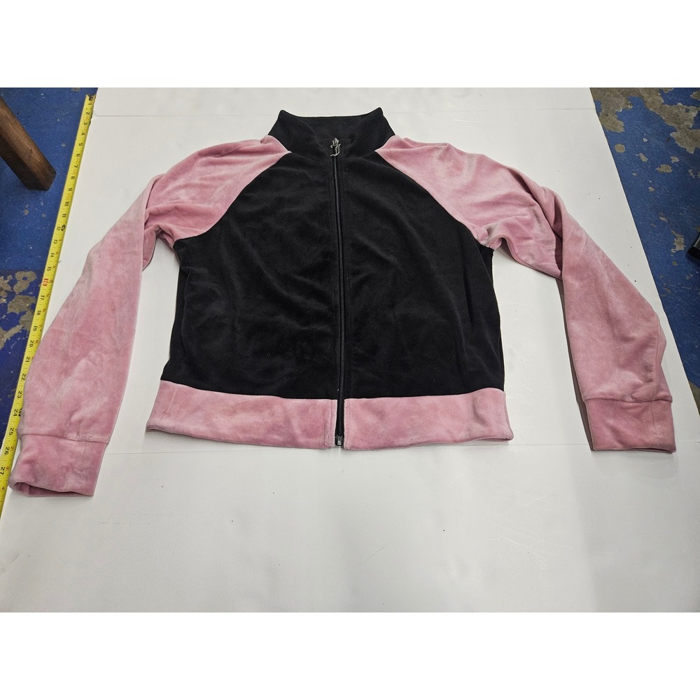 Juicy Couture Velour Track Jacket Black Pink Rhinestone Logo Zip Up Large Read